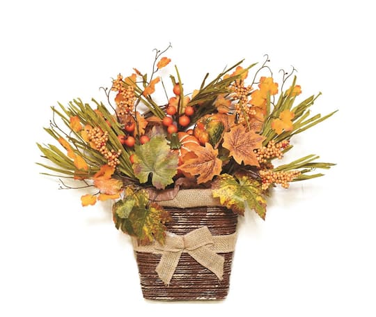 18&#x22; Autumn Harvest Artificial Pumpkins, Berries, Leaves and Grass Wall Mounted Basket Decoration